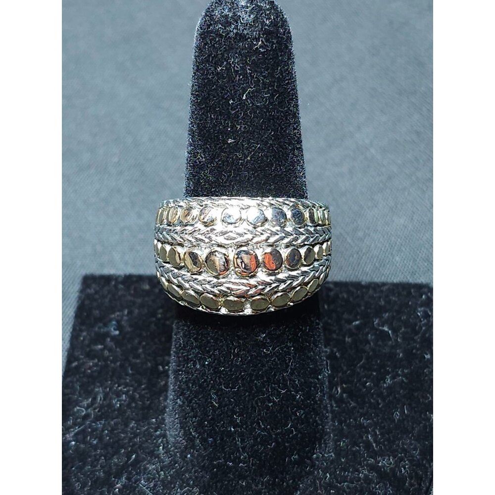 Wide Silver-Gold Textured Band Ring, Braided & Dotted, Size 8